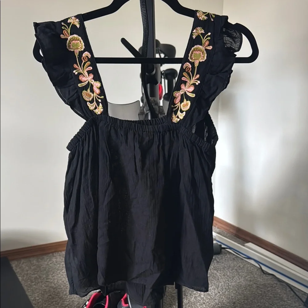 Madewell Black Tank Top with Floral Embroidered Straps - Picture 2 of 3